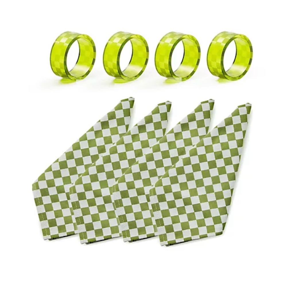 MacKenzie Childs Set of 4 Napkins and Napkin Rings Green Check
